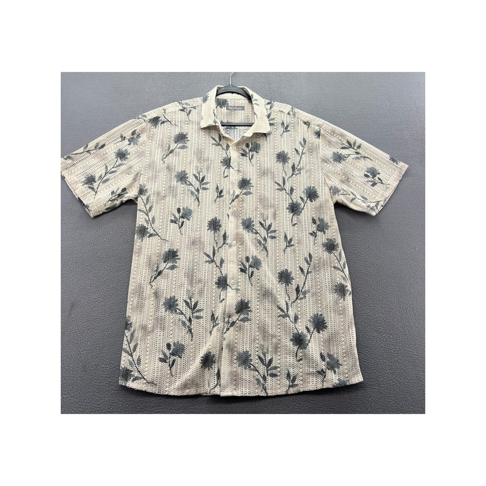 Paulo Solari Shirt Mens 2XLT Floral Lace Crochet Knit Button Down Cream Grey